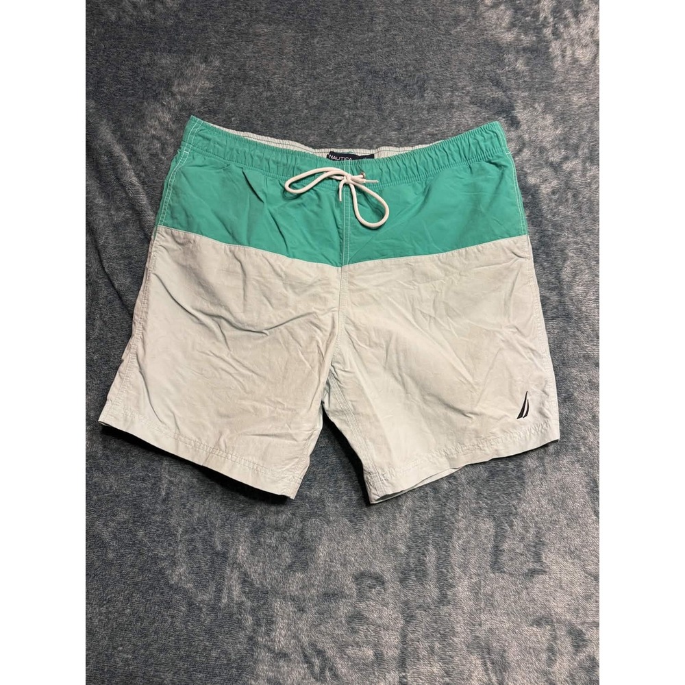 Nautica Mens Swim Trunks Green Grey Colorblock Board Shorts L T18020